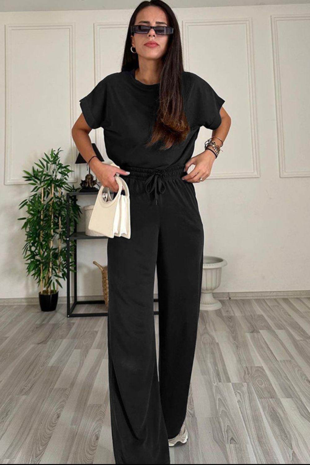 Round Neck Short Sleeve Top and Drawstring Pants Set for Women
