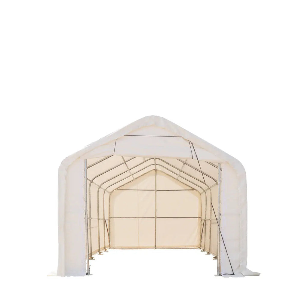 15' x 25' RV/Motorhome Storage Shelter, 17 oz PVC Fabric Cover, Front Roll-Up Door, Enclosed Rear Wall, 3-Layer Galvanized Steel Frame, 10' Straight Sidewalls, TMG-ST1525