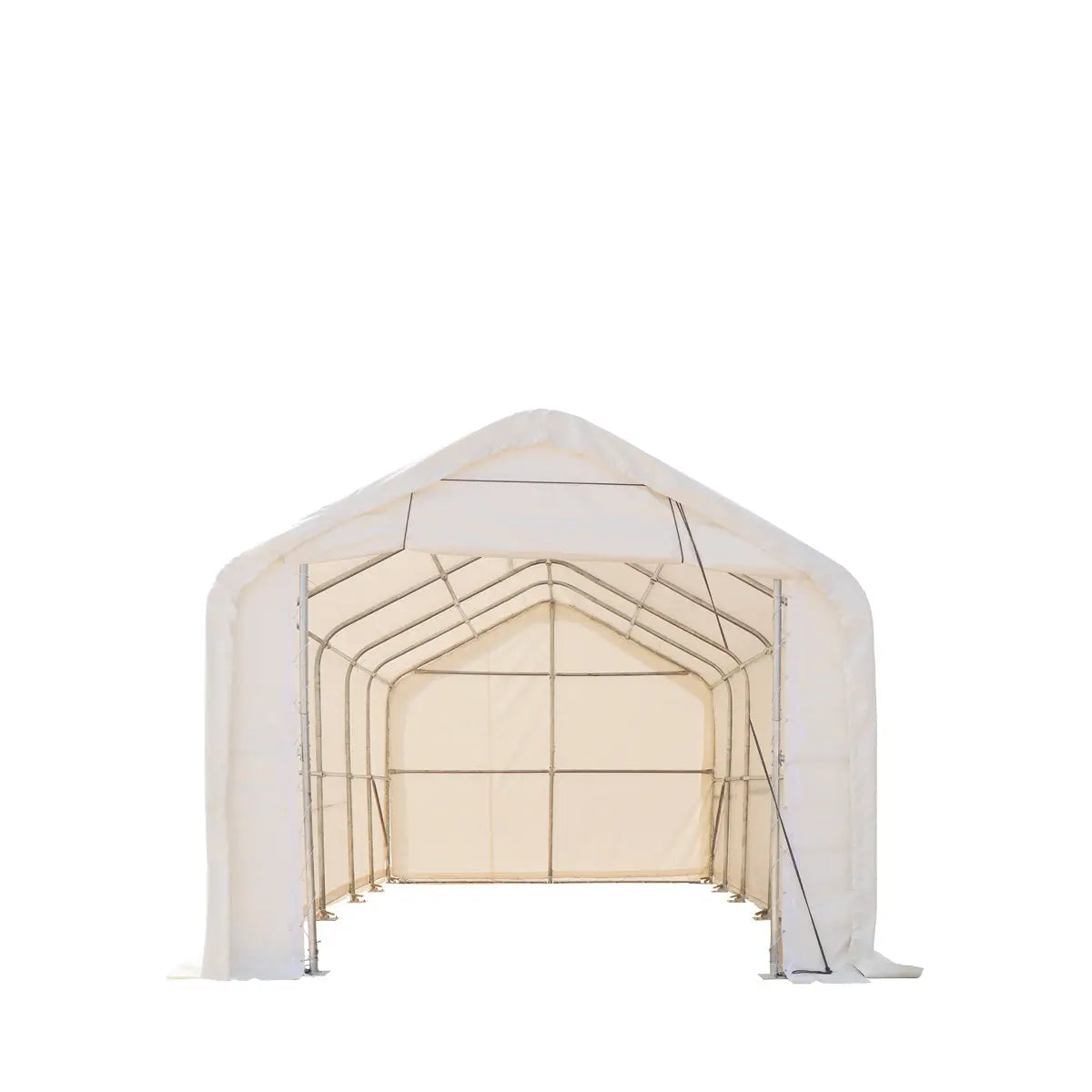15' x 25' RV/Motorhome Storage Shelter, 17 oz PVC Fabric Cover, Front Roll-Up Door, Enclosed Rear Wall, 3-Layer Galvanized Steel Frame, 10' Straight Sidewalls, TMG-ST1525