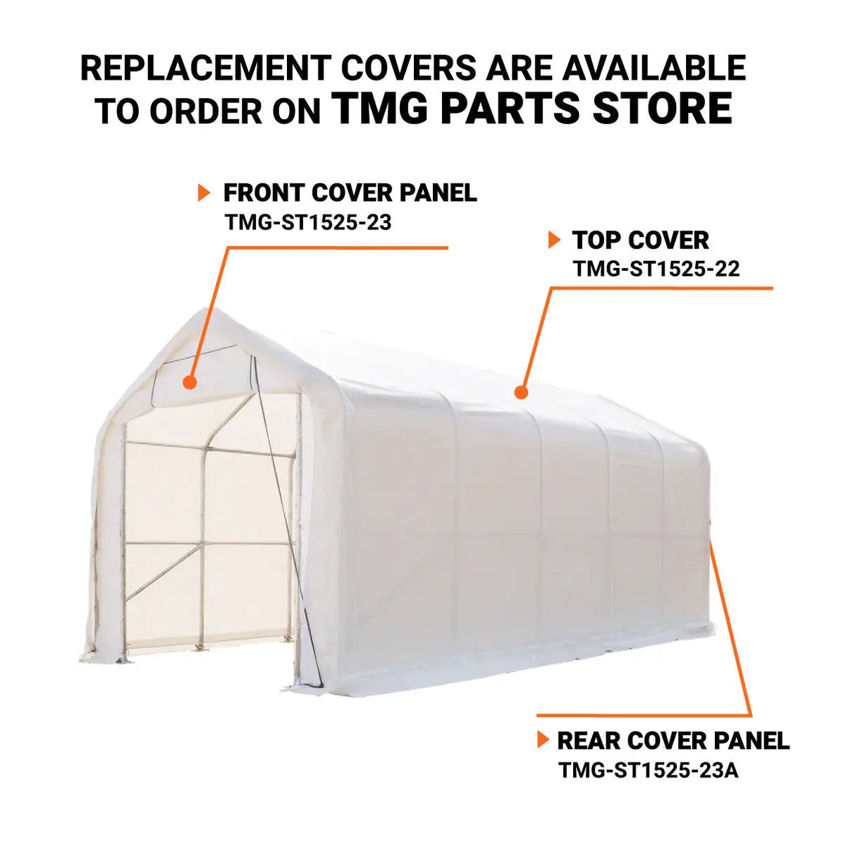 15' x 25' RV/Motorhome Storage Shelter, 17 oz PVC Fabric Cover, Front Roll-Up Door, Enclosed Rear Wall, 3-Layer Galvanized Steel Frame, 10' Straight Sidewalls, TMG-ST1525