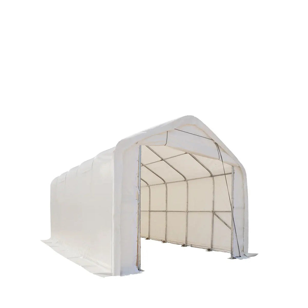 15' x 25' RV/Motorhome Storage Shelter, 17 oz PVC Fabric Cover, Front Roll-Up Door, Enclosed Rear Wall, 3-Layer Galvanized Steel Frame, 10' Straight Sidewalls, TMG-ST1525