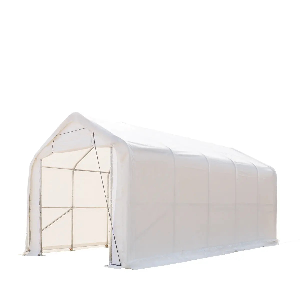 15' x 25' RV/Motorhome Storage Shelter, 17 oz PVC Fabric Cover, Front Roll-Up Door, Enclosed Rear Wall, 3-Layer Galvanized Steel Frame, 10' Straight Sidewalls, TMG-ST1525