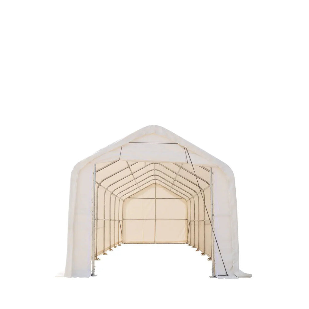 15' x 35' RV/Motorhome Storage Shelter, 17 oz PVC Fabric Cover, Front Roll-Up Door, Enclosed Rear Wall, 3-Layer Galvanized Steel Frame, 10' Straight Sidewalls, TMG-ST1535
