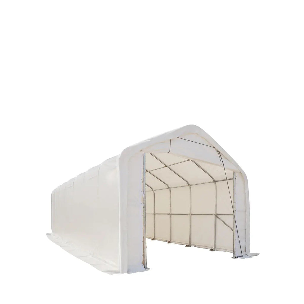 15' x 35' RV/Motorhome Storage Shelter, 17 oz PVC Fabric Cover, Front Roll-Up Door, Enclosed Rear Wall, 3-Layer Galvanized Steel Frame, 10' Straight Sidewalls, TMG-ST1535