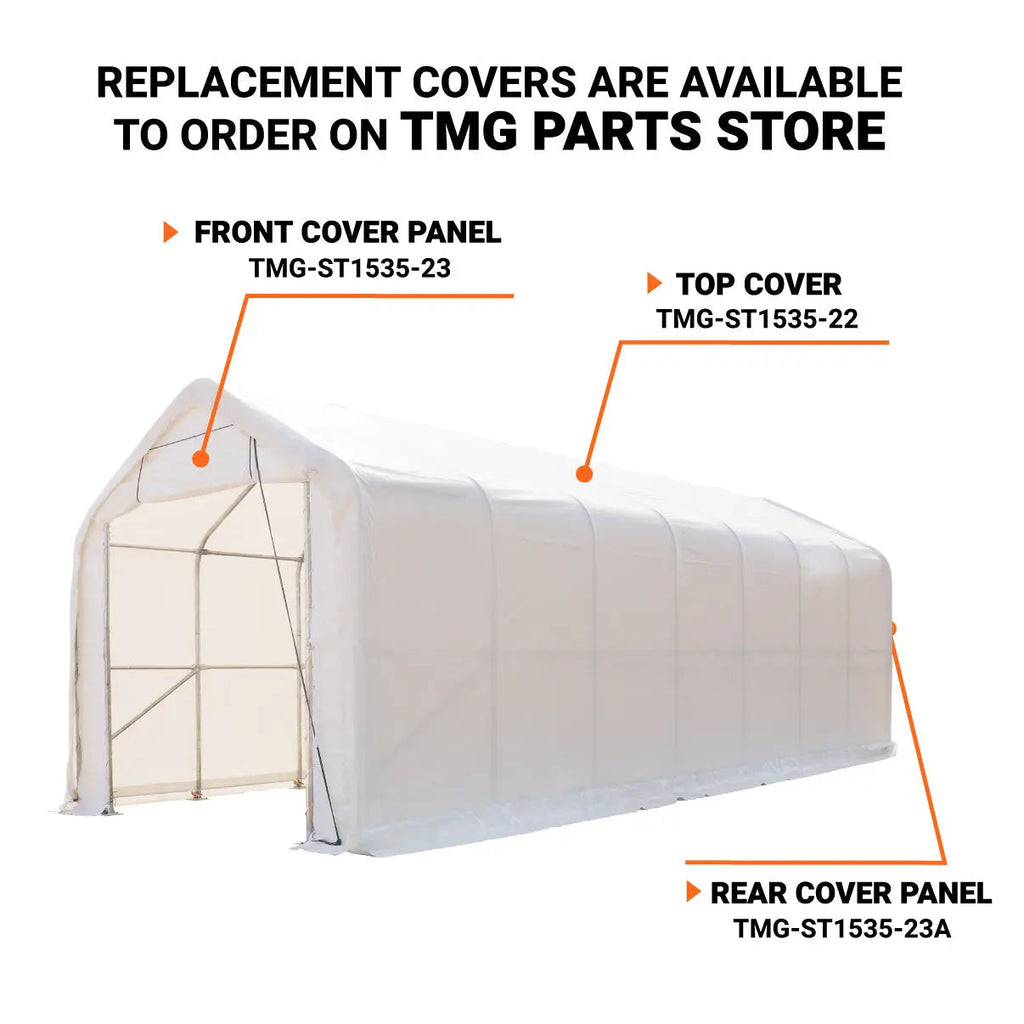 15' x 35' RV/Motorhome Storage Shelter, 17 oz PVC Fabric Cover, Front Roll-Up Door, Enclosed Rear Wall, 3-Layer Galvanized Steel Frame, 10' Straight Sidewalls, TMG-ST1535