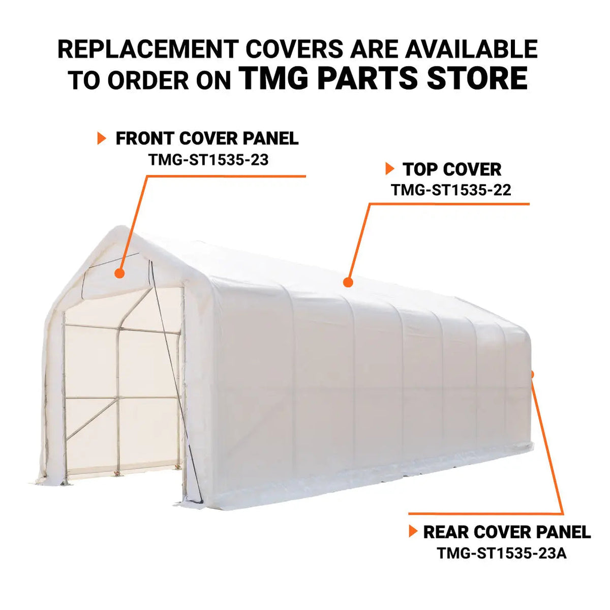 15' x 35' RV/Motorhome Storage Shelter, 17 oz PVC Fabric Cover, Front Roll-Up Door, Enclosed Rear Wall, 3-Layer Galvanized Steel Frame, 10' Straight Sidewalls, TMG-ST1535