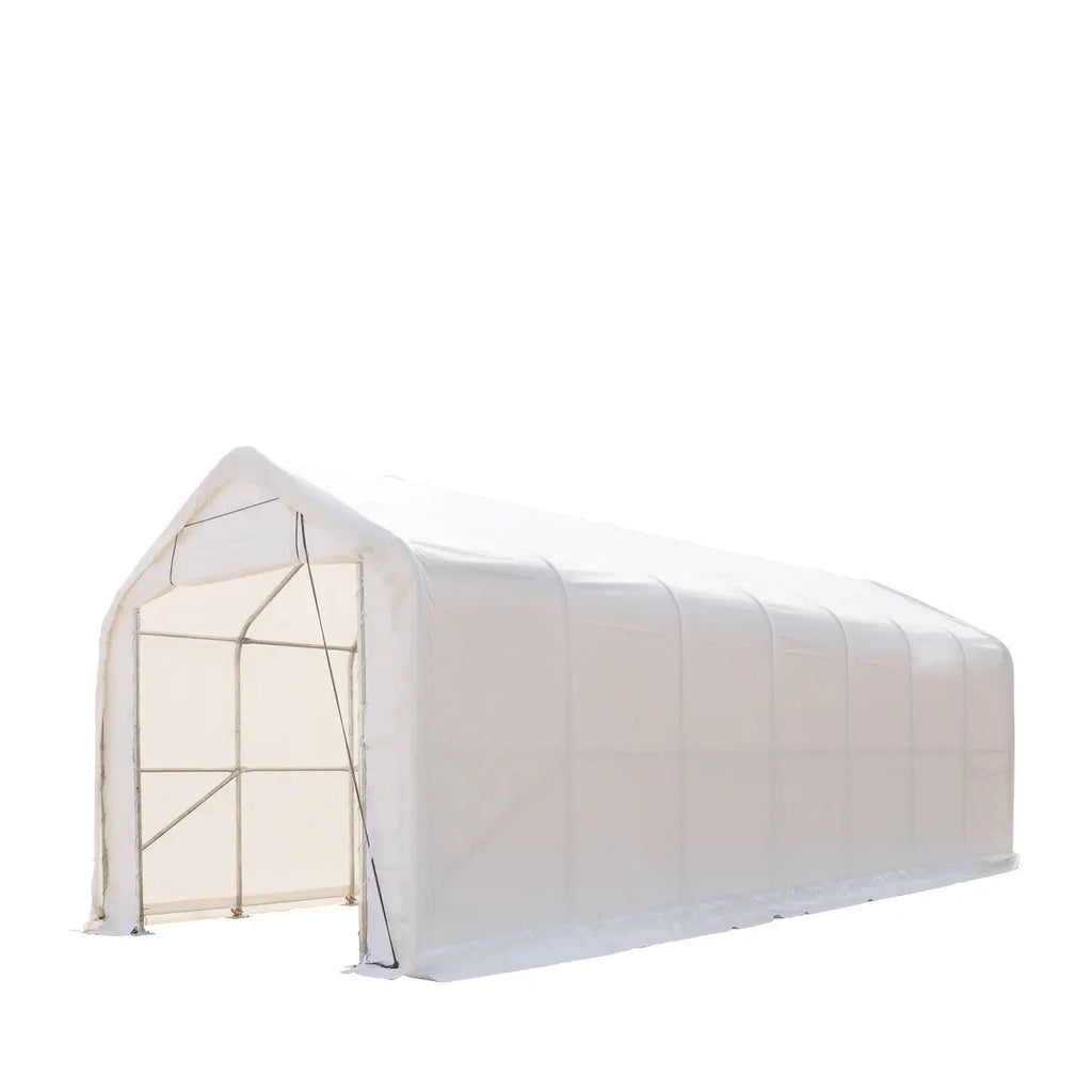 15' x 35' RV/Motorhome Storage Shelter, 17 oz PVC Fabric Cover, Front Roll-Up Door, Enclosed Rear Wall, 3-Layer Galvanized Steel Frame, 10' Straight Sidewalls, TMG-ST1535