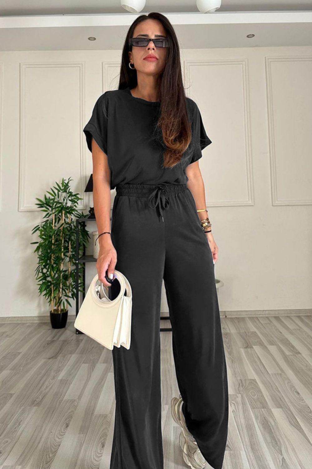 Round Neck Short Sleeve Top and Drawstring Pants Set for Women