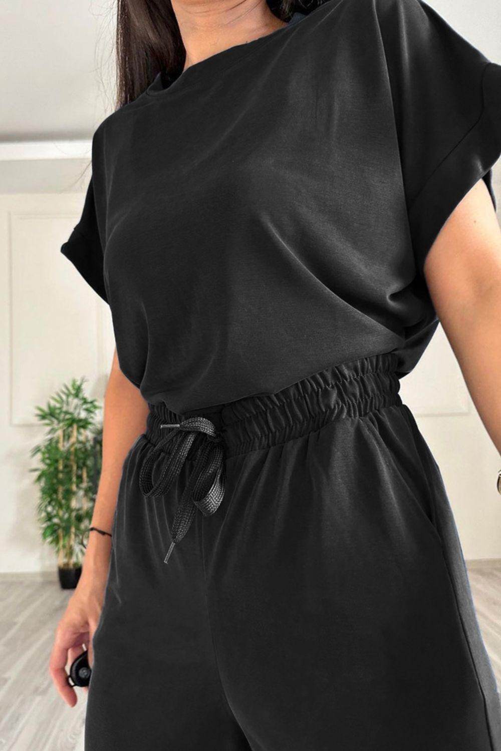 Round Neck Short Sleeve Top and Drawstring Pants Set for Women