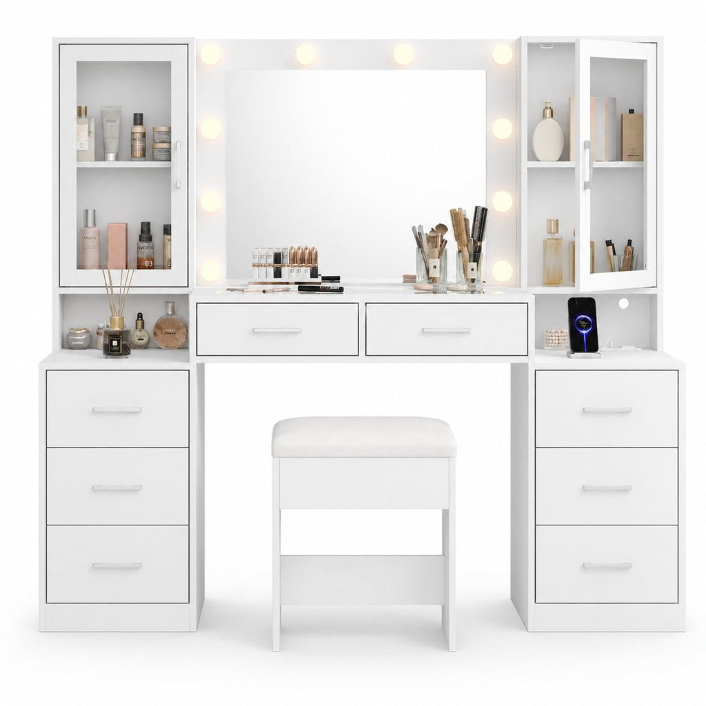 8-Drawer LED Mirror Vanity Desk - Yanosaku