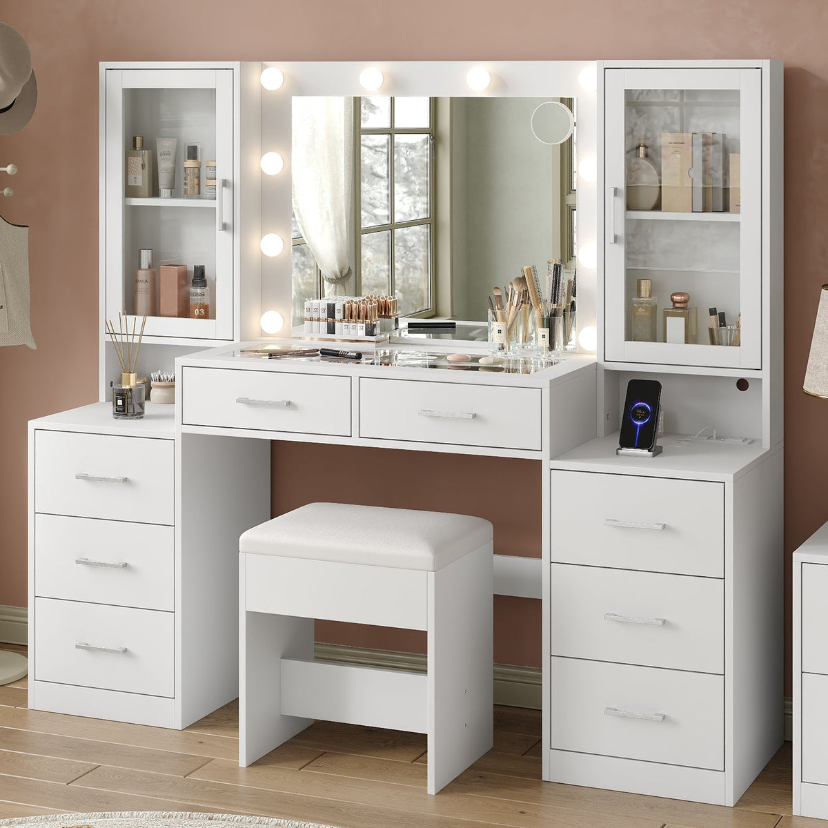 8-Drawer LED Mirror Vanity Desk - Yanosaku