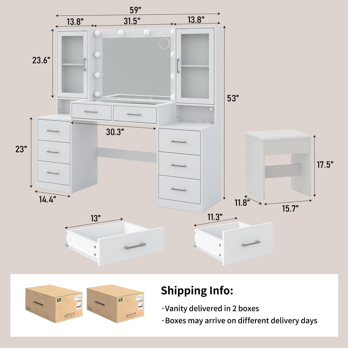 8-Drawer LED Mirror Vanity Desk - Yanosaku