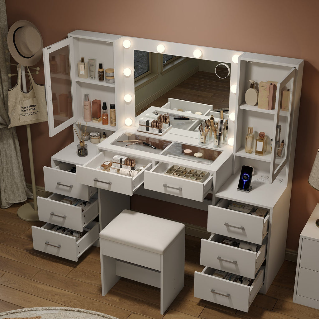 8-Drawer LED Mirror Vanity Desk - Yanosaku