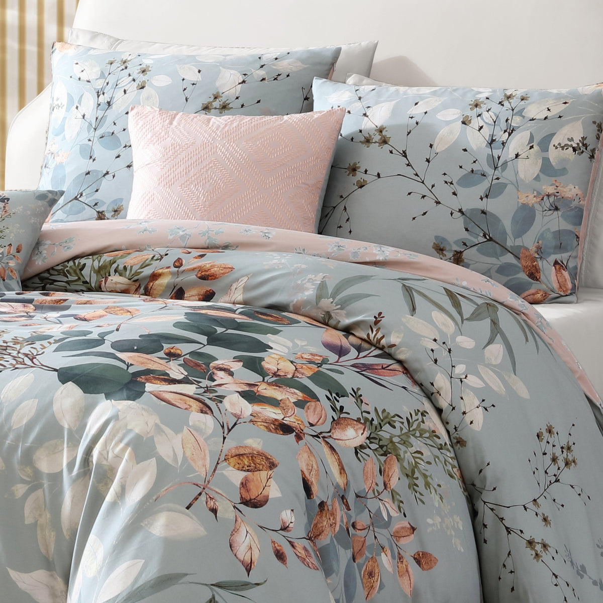 Bebejan Peach Leaves on Sage 5 Piece Reversible Comforter Set