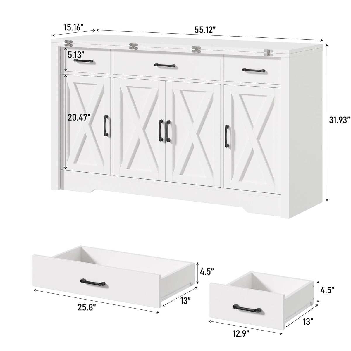 15"–30" Expandable Sideboard with 3 Drawers, White - Yanosaku