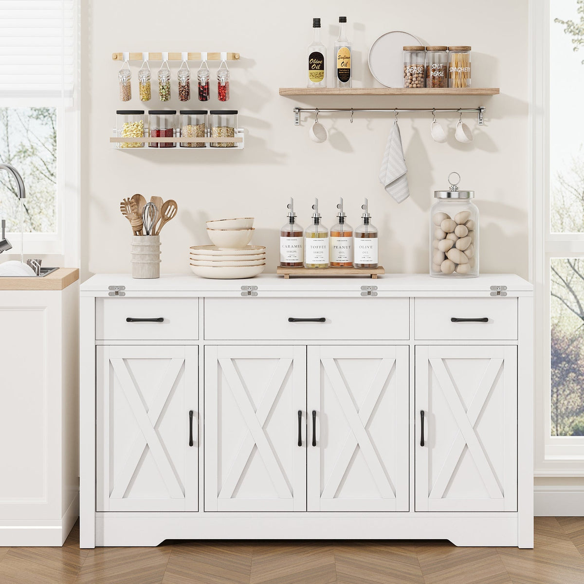 15"–30" Expandable Sideboard with 3 Drawers, White - Yanosaku