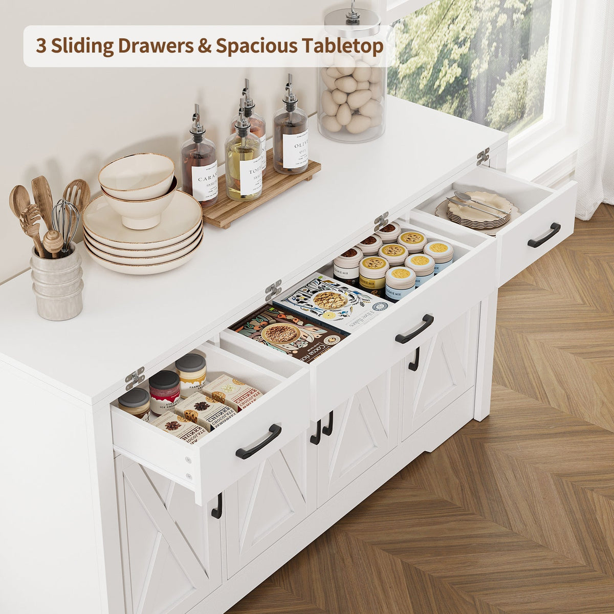 15"–30" Expandable Sideboard with 3 Drawers, White - Yanosaku