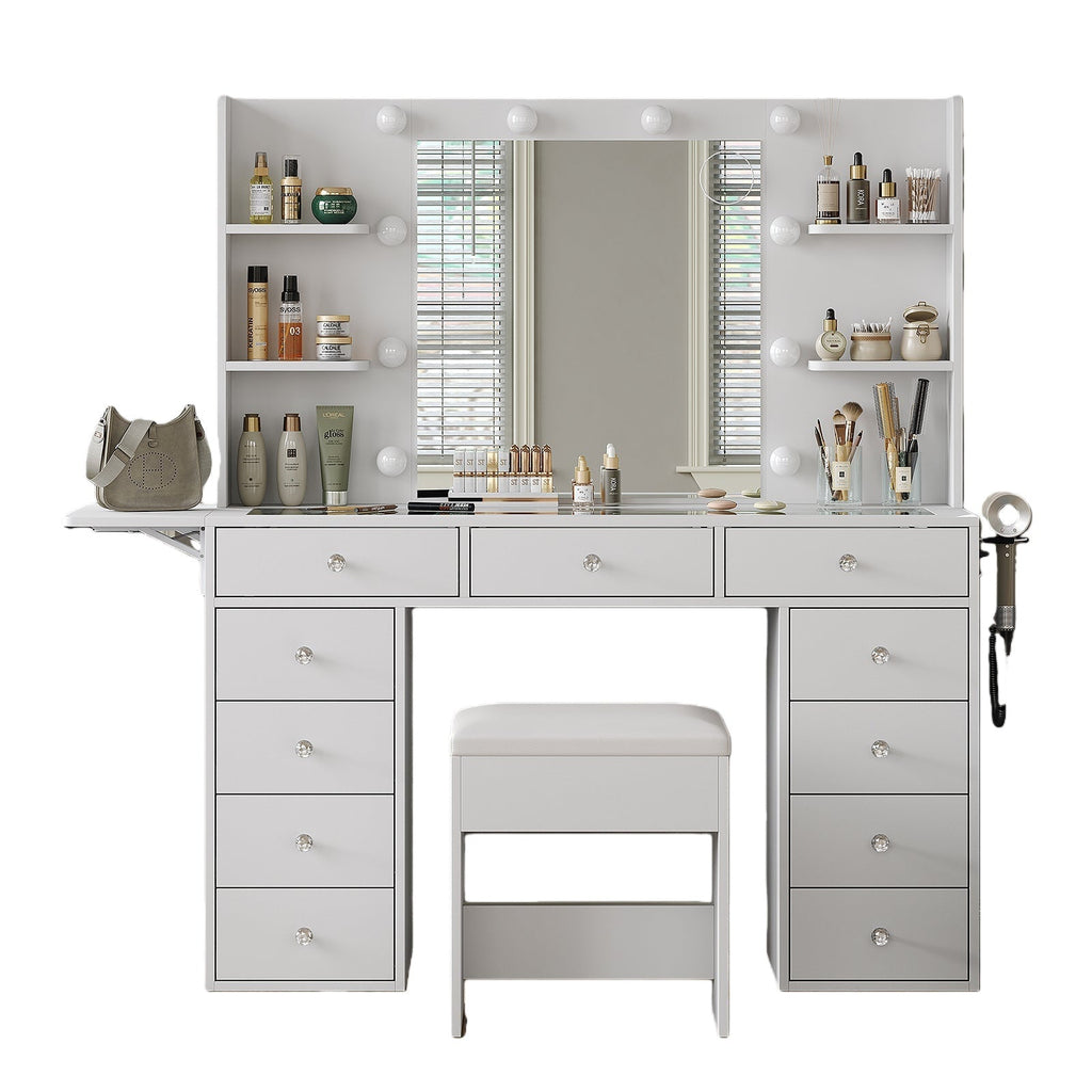 11-Drawer LED Mirror Vanity Desk - Yanosaku