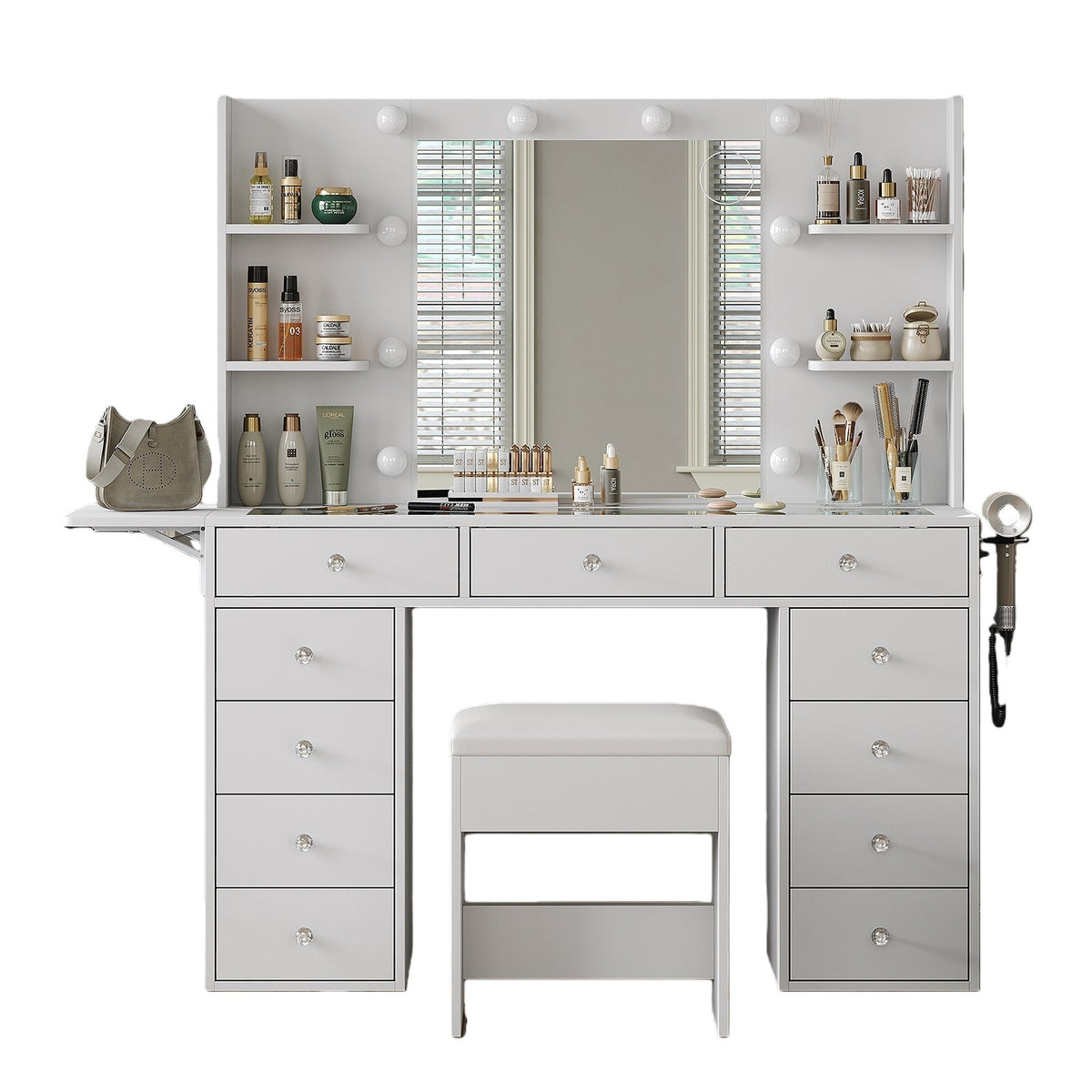 11-Drawer LED Mirror Vanity Desk - Yanosaku