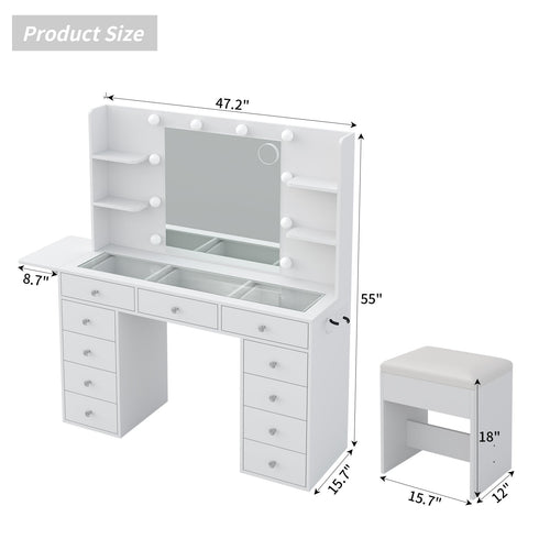 11-Drawer LED Mirror Vanity Desk - Yanosaku