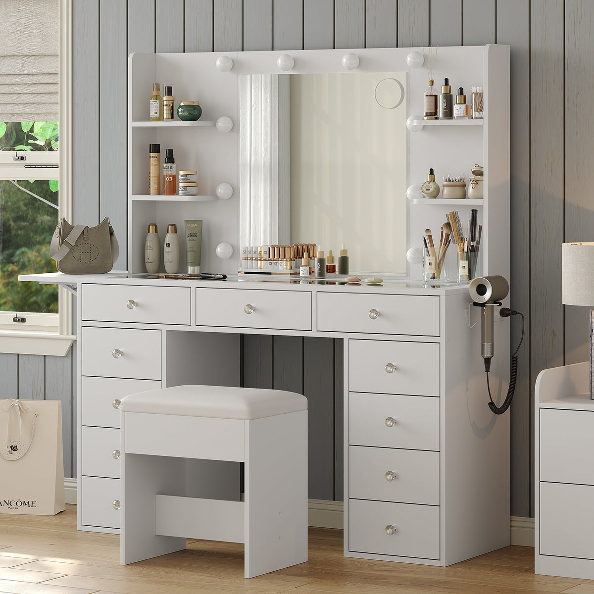 11-Drawer LED Mirror Vanity Desk - Yanosaku