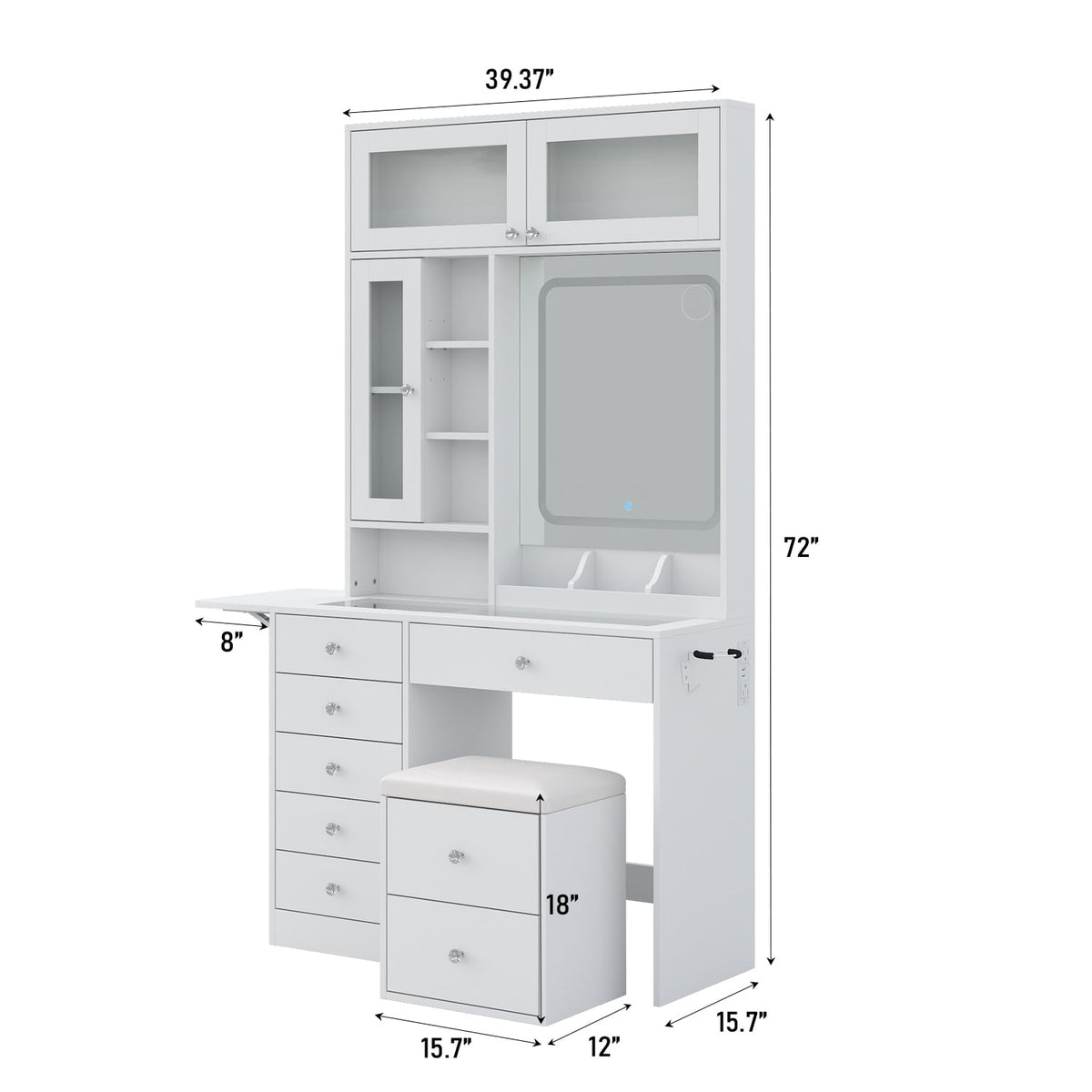 LED Mirror Vanity Desk with Stool White-Yanosaku